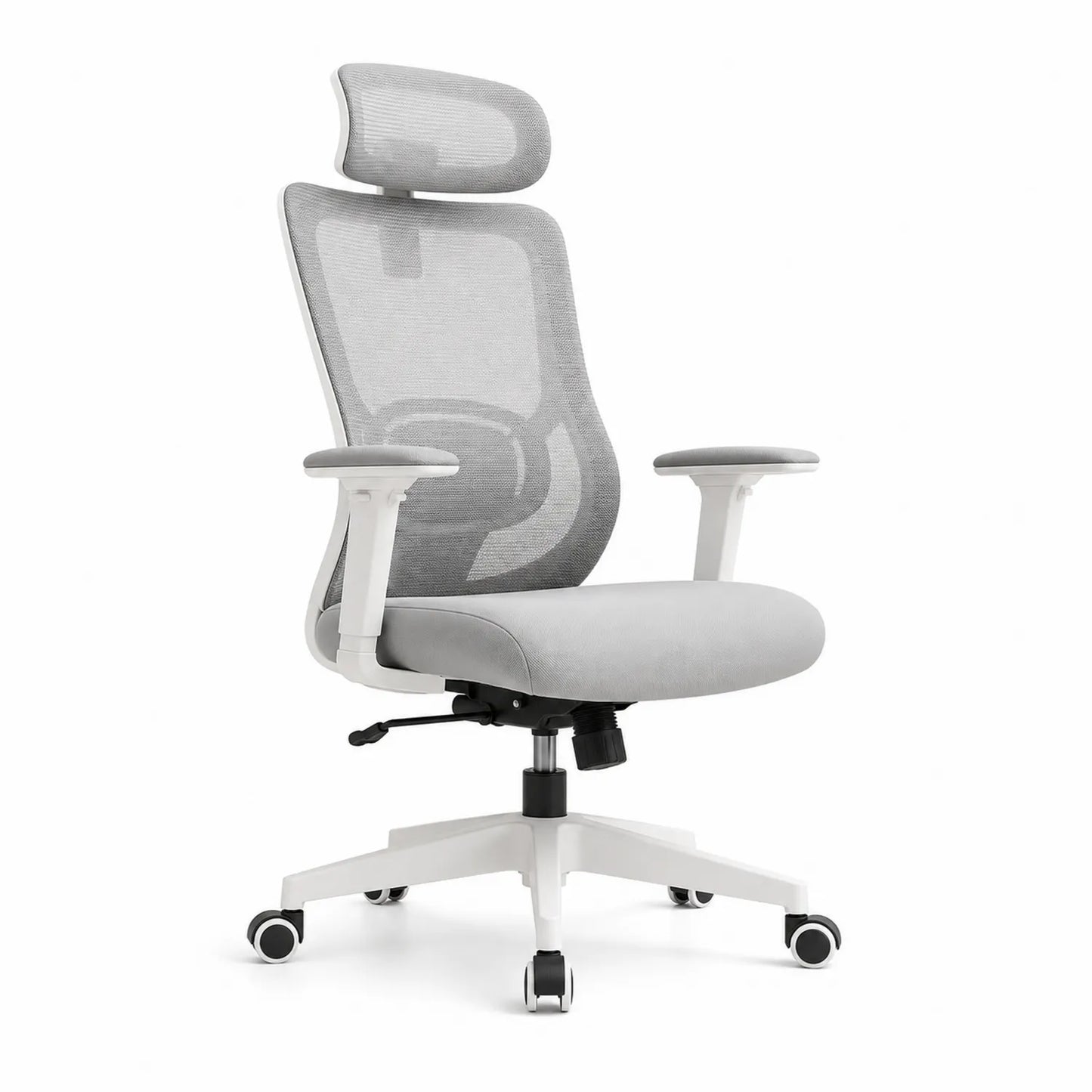 Sedia ergonomica in tessuto grigio con schienale in rete