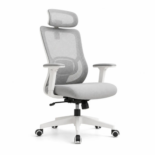 Sedia ergonomica in tessuto grigio con schienale in rete