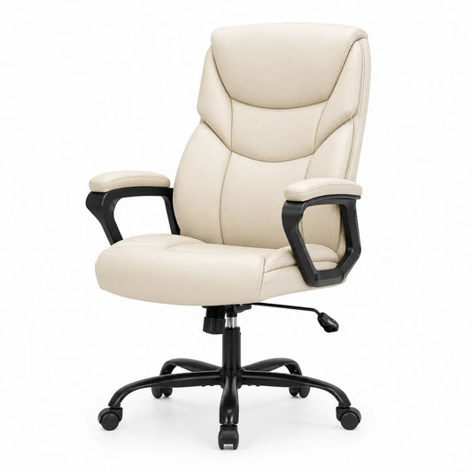 Sedia da ufficio regolabile in pelle sintetica beige con braccioli