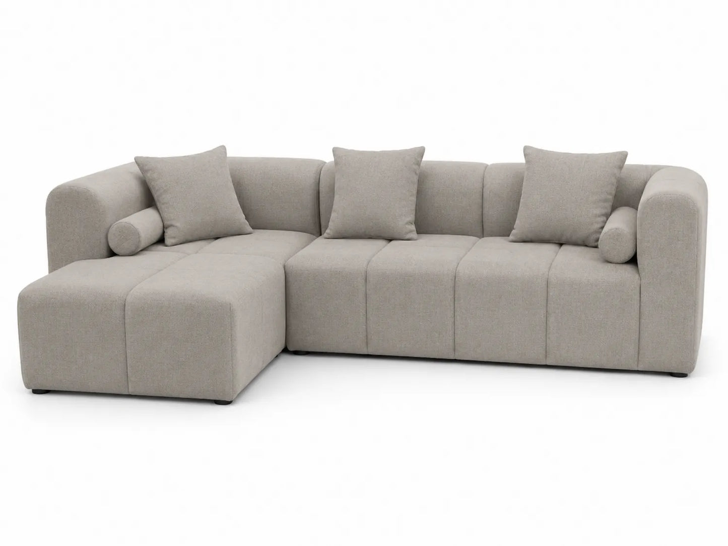 Divano angolare in tessuto beige con cuscini, 250x160x85 cm