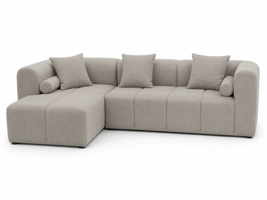 Divano angolare in tessuto beige con cuscini, 250x160x85 cm