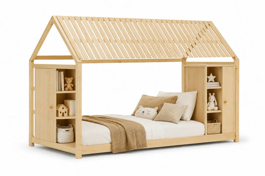Letto a forma di casetta in legno di pino con scaffali