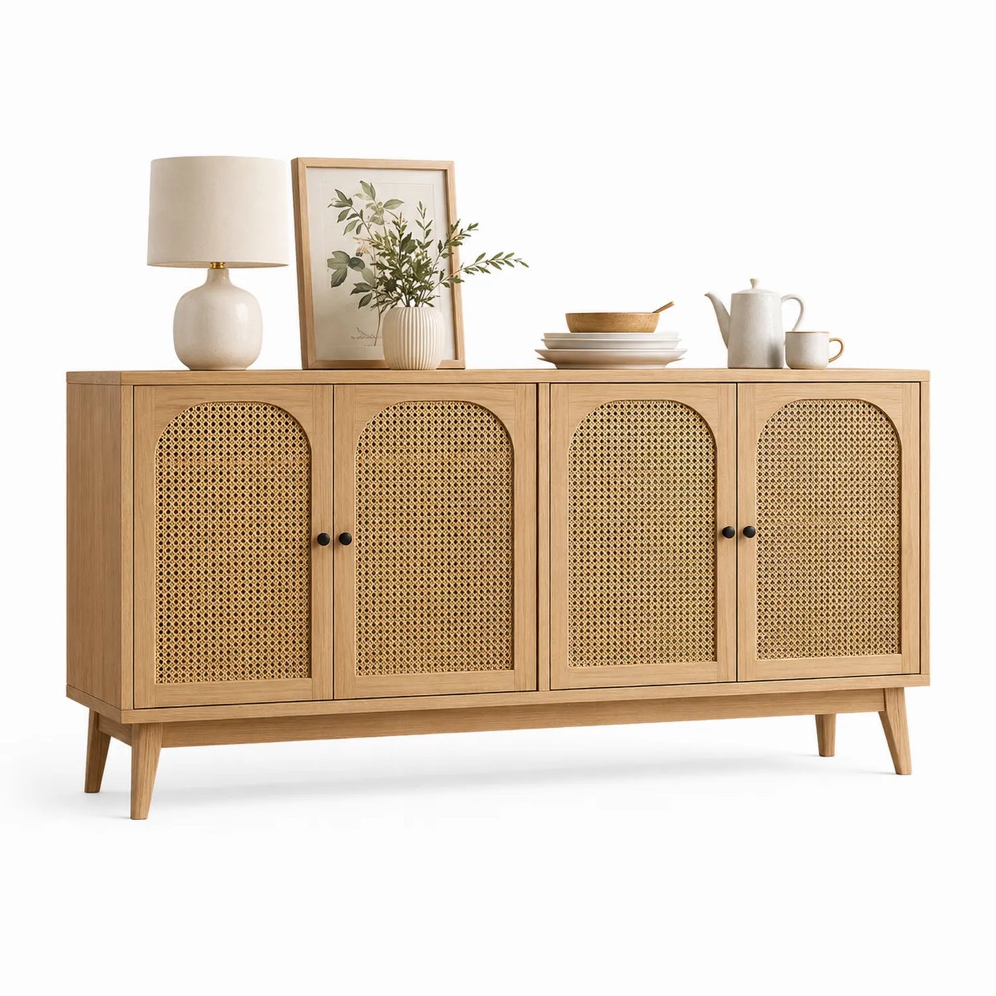 Credenza in legno massello e rattan con 4 ante