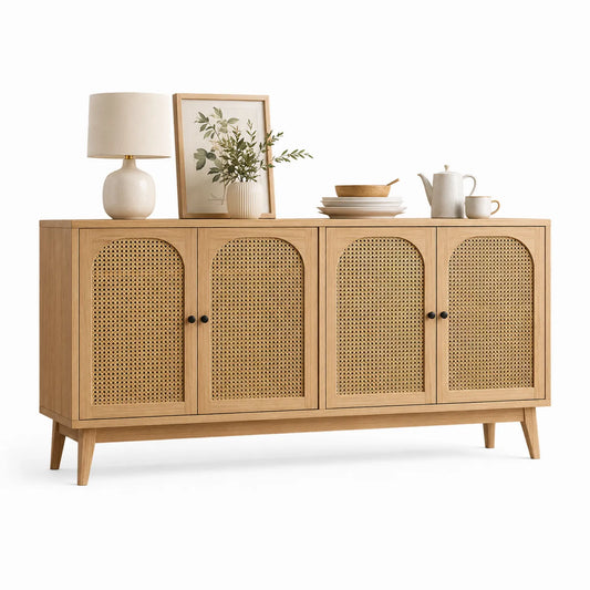 Credenza in legno massello e rattan con 4 ante