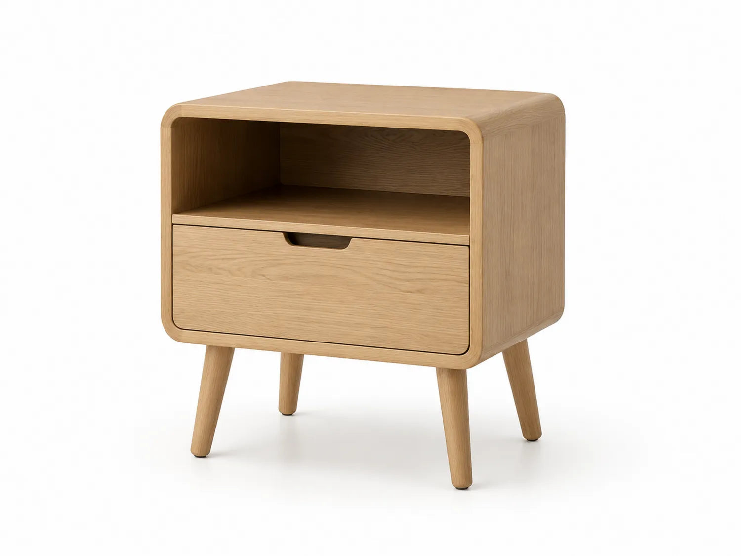 Comodino in Legno di Rovere con Cassetto e Ripiano Aperto