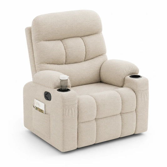 Poltrona reclinabile in tessuto beige con portabicchieri