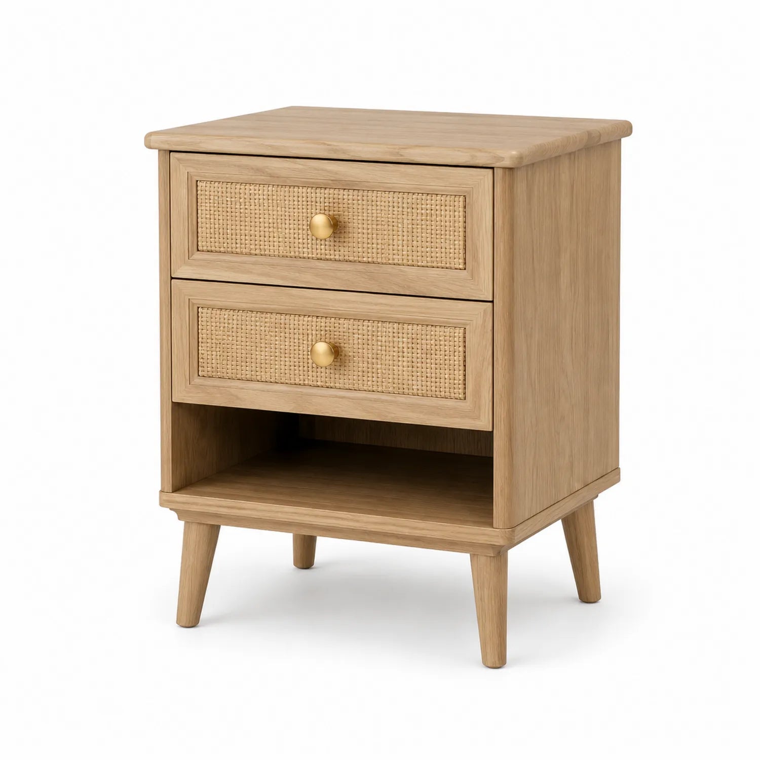 Comodino in Legno MDF e Rattan con Due Cassetti