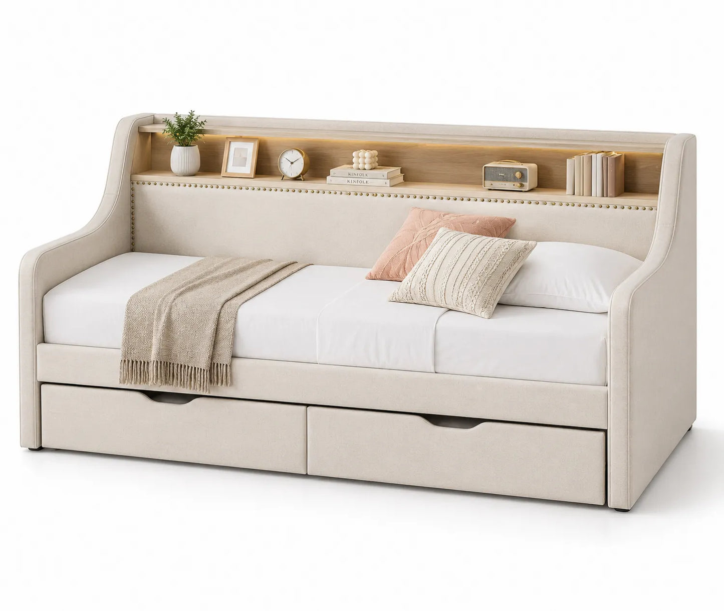 Letto giorno con testiera scaffale e cassetti estraibili in tessuto beige