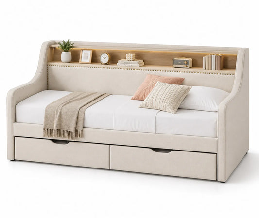 Letto giorno con testiera scaffale e cassetti estraibili in tessuto beige