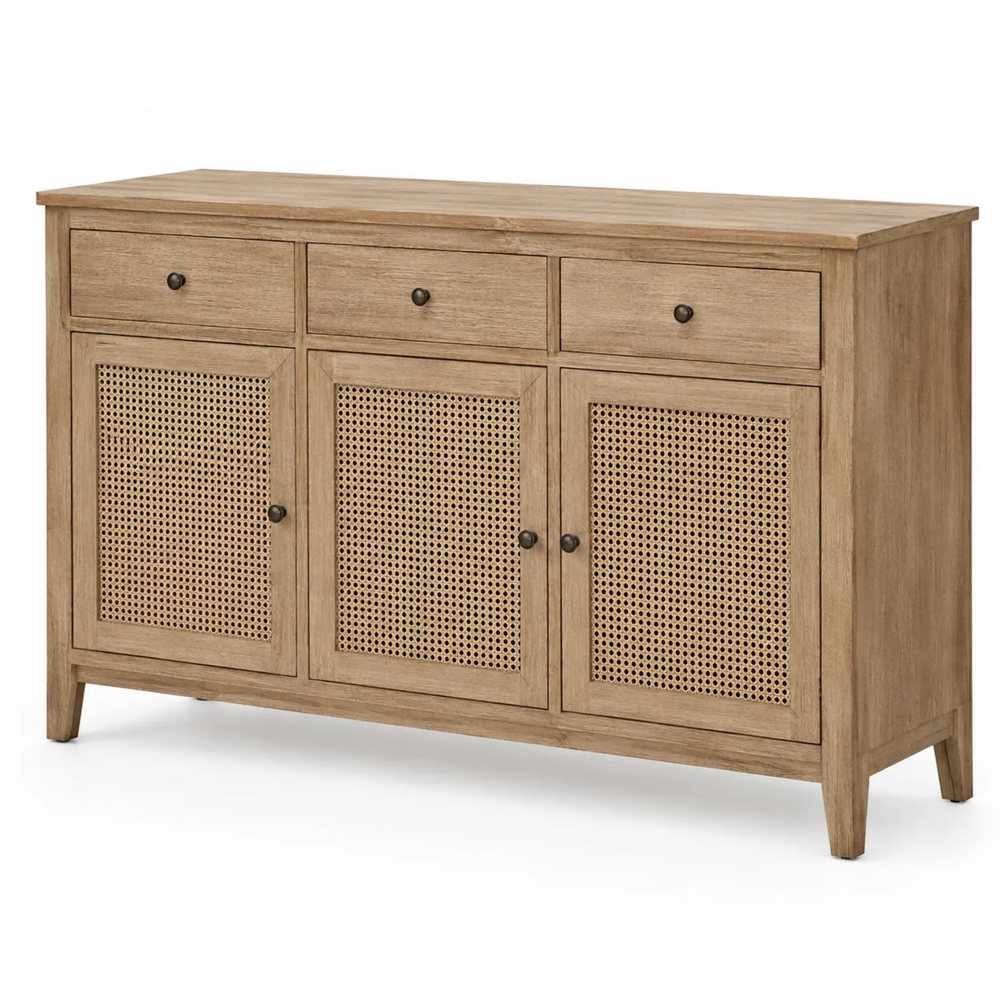 Credenza in legno con 3 cassetti e ante in rattan
