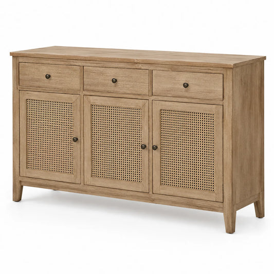 Credenza in legno con 3 cassetti e ante in rattan