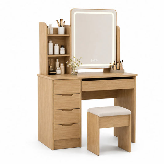 Toeletta in Legno Chiaro con Specchio LED e Sgabello