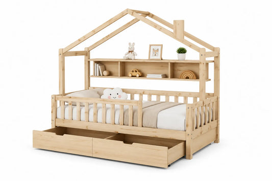 Letto per Bambini in Legno di Pino con Cassetti e Mensole