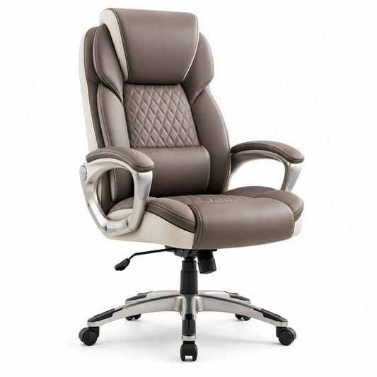 Sedia da ufficio in pelle sintetica marrone e beige con supporto regolabile