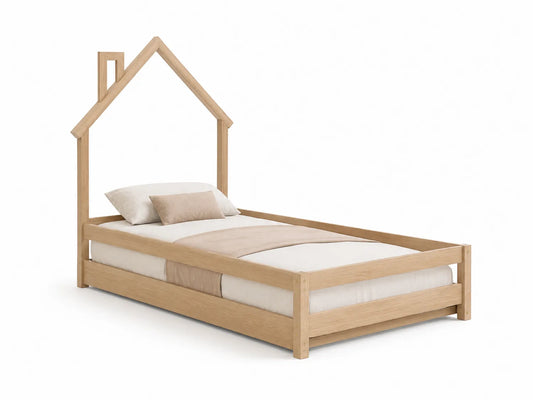 Letto a Forma di Casa in Legno di Pino con Materasso e Cuscini