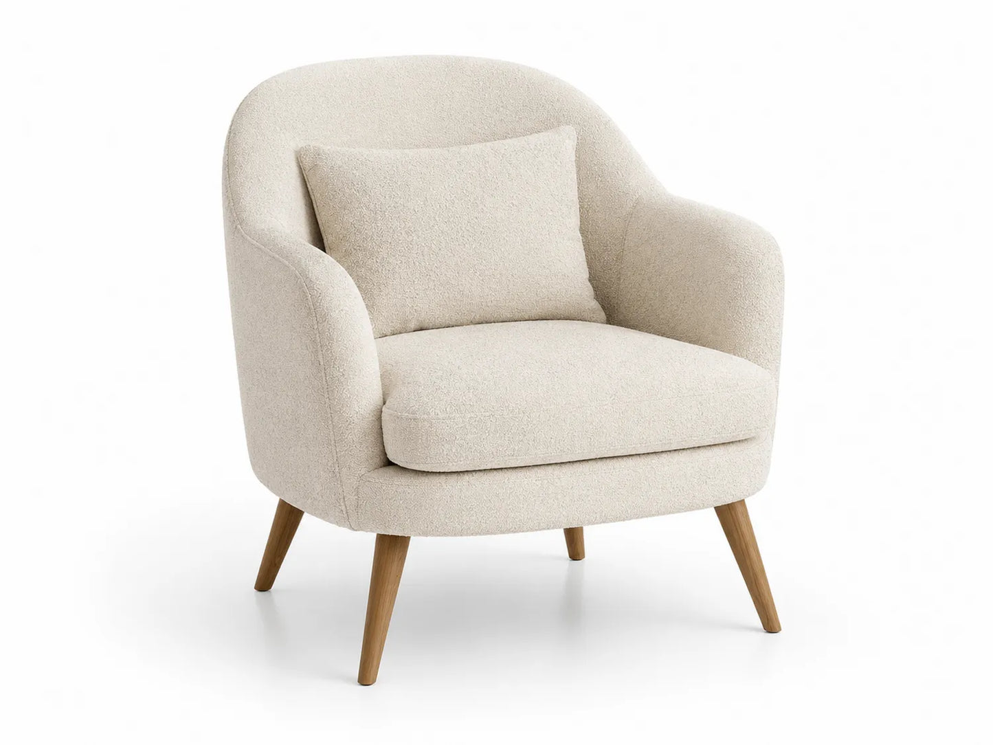 Poltrona in tessuto bouclé con gambe in legno