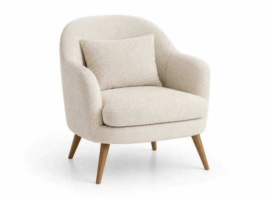 Poltrona in tessuto bouclé con gambe in legno