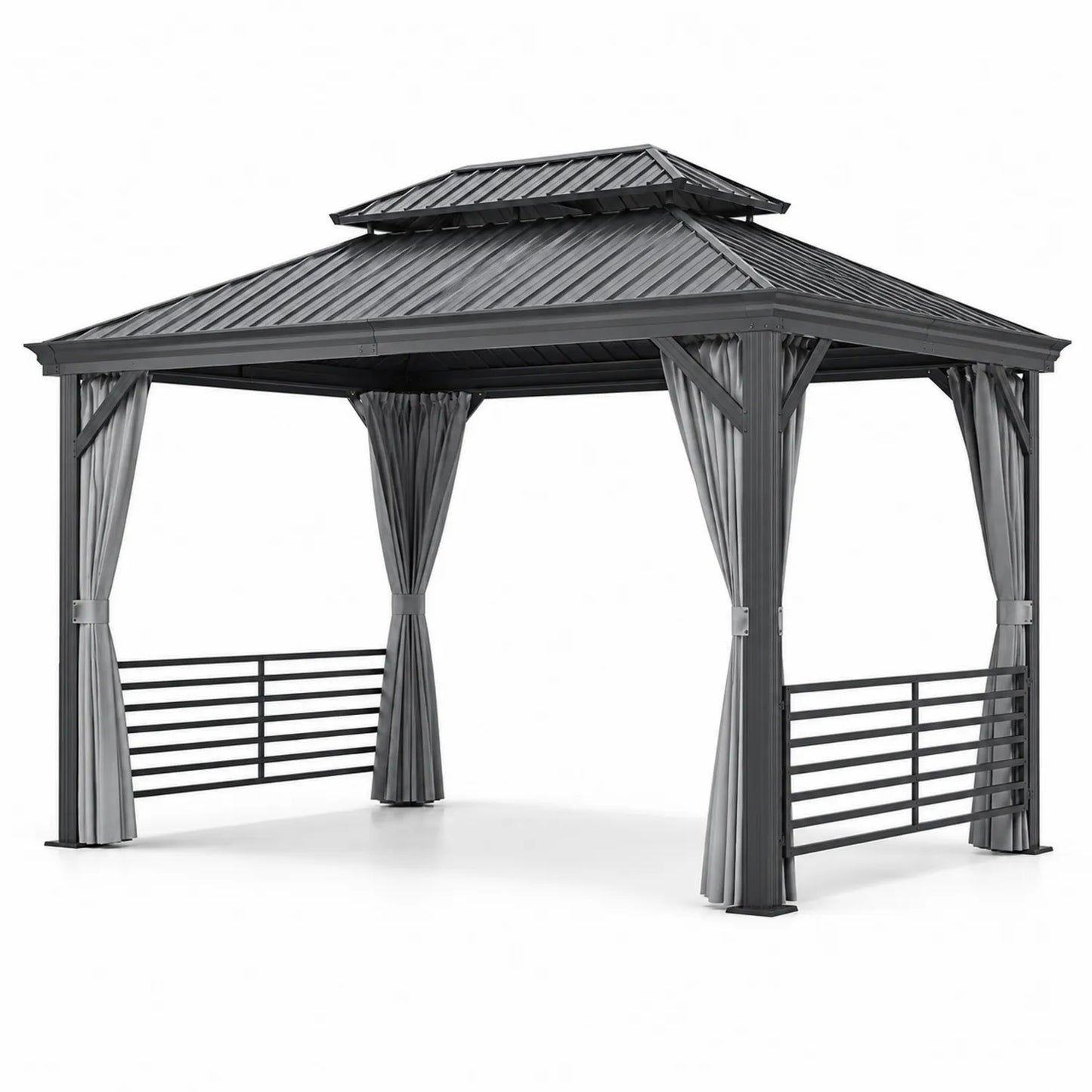 Gazebo in Acciaio con Tetto in Metallo e Tende Laterali Grigie 3x3 m