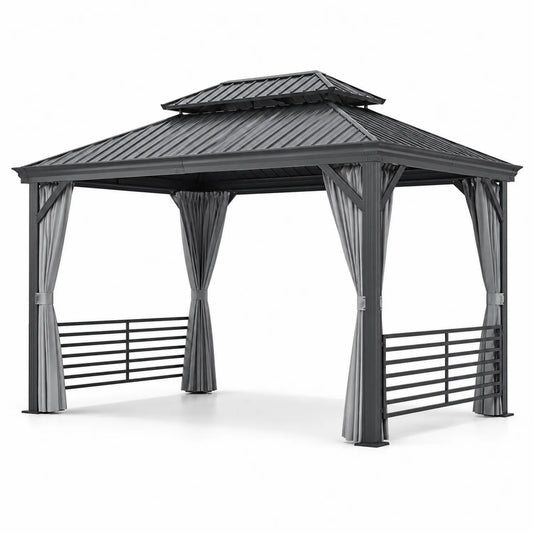 Gazebo in Acciaio con Tetto in Metallo e Tende Laterali Grigie 3x3 m