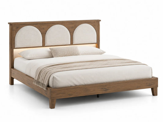 Letto in Legno con Testiera in Tessuto Lino Beige 200x150 cm