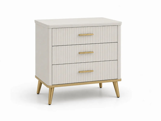 Comodino a 3 cassetti in MDF con gambe e maniglie dorate
