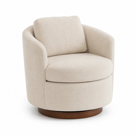 Poltrona girevole in tessuto misto lino Beige con base in legno
