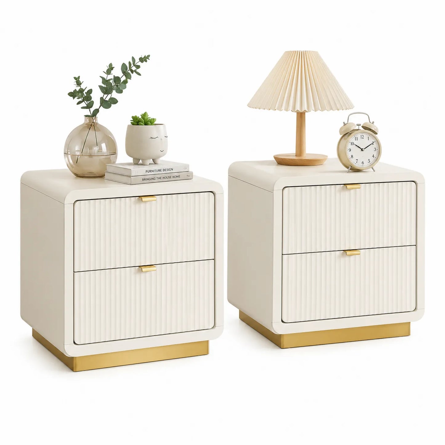 Set di 2 comodini crema con struttura in legno e base dorata