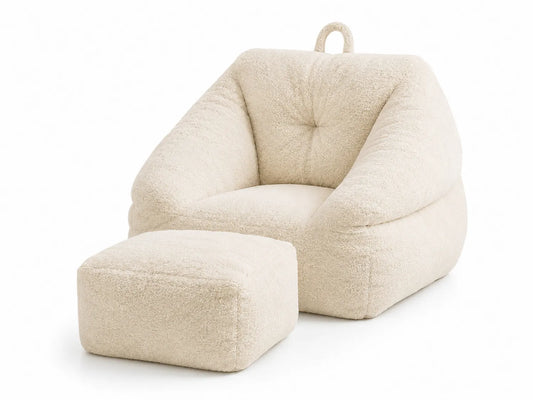 Poltrona in tessuto bouclé beige con pouf